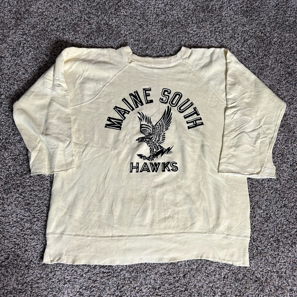 Vintage 60s Sweatshirt Mens Large Cream Flock Print Maine South Hawks 3/4 Sleeve